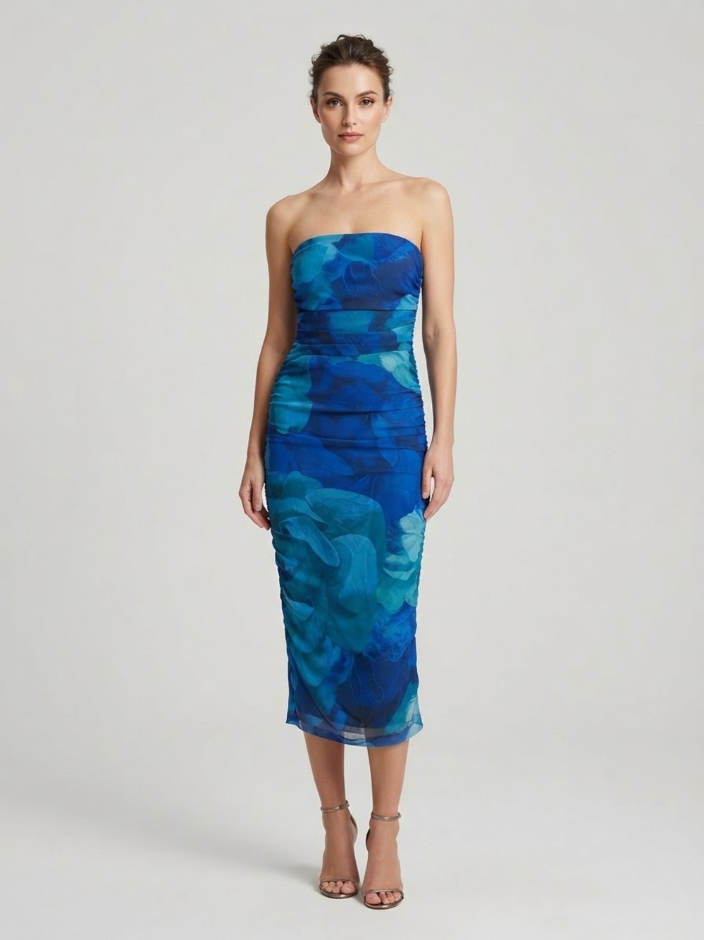 Blue Floral Strapless Midi Dress